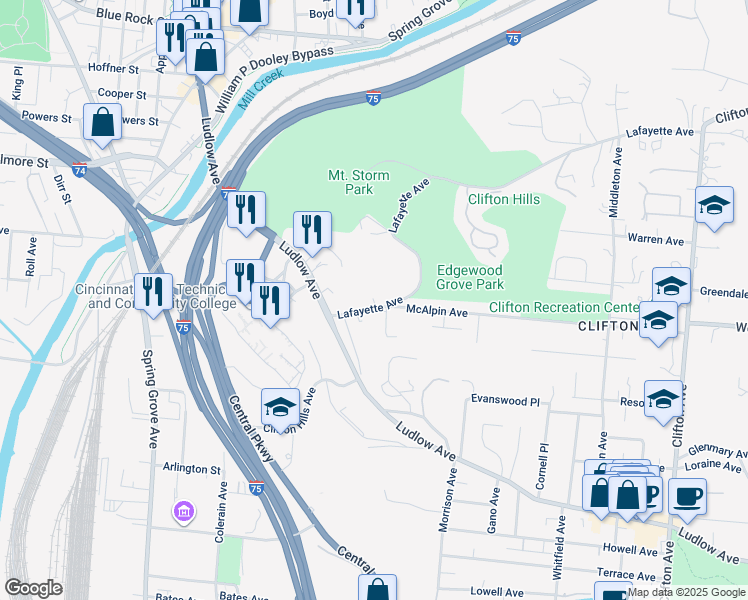 map of restaurants, bars, coffee shops, grocery stores, and more near 900 Rue De La Paix in Cincinnati