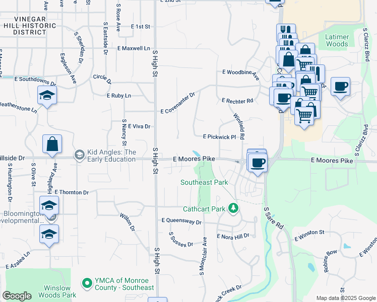 map of restaurants, bars, coffee shops, grocery stores, and more near 1434-1598 E Pickwick Pl in Bloomington