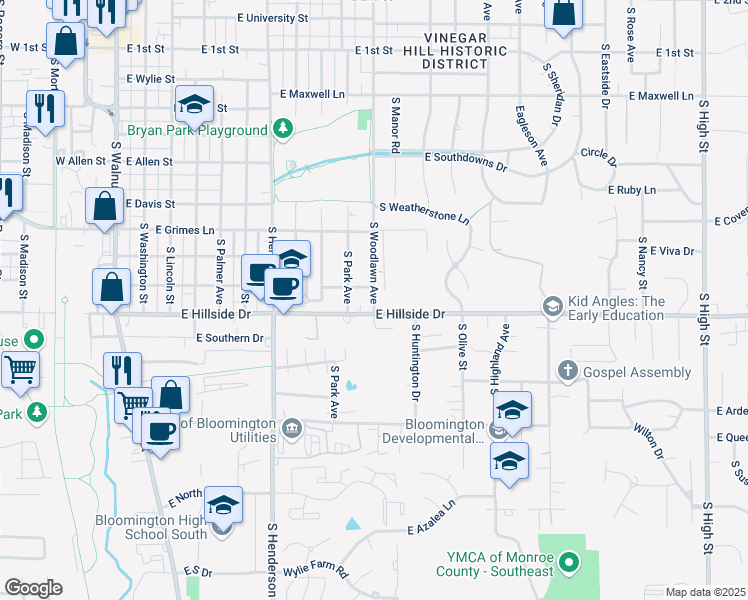 map of restaurants, bars, coffee shops, grocery stores, and more near 901 East Wilson Street in Bloomington