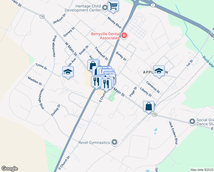 map of restaurants, bars, coffee shops, grocery stores, and more near 3 South Church Street in Berryville