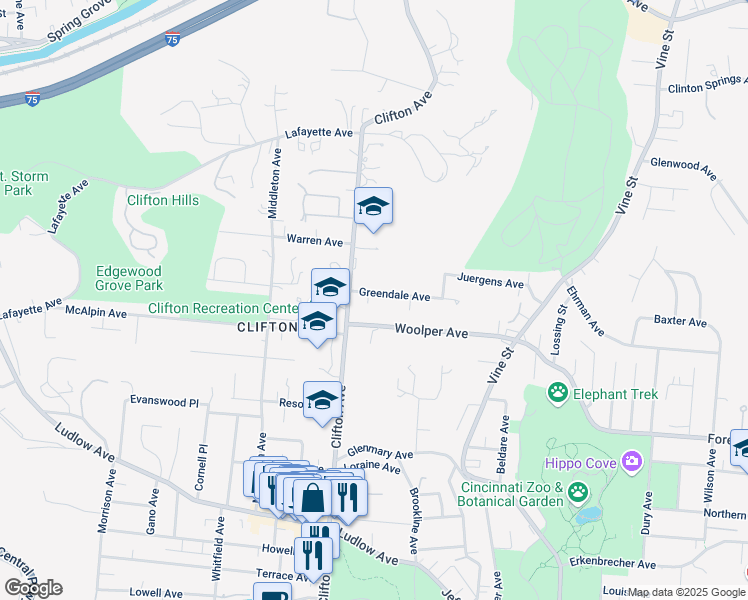 map of restaurants, bars, coffee shops, grocery stores, and more near 267 Greendale Avenue in Cincinnati