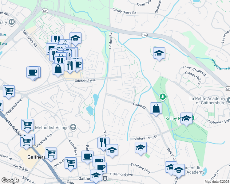 map of restaurants, bars, coffee shops, grocery stores, and more near Allied Place in Gaithersburg