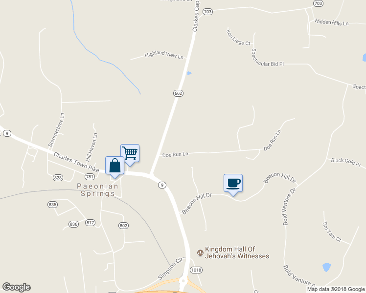map of restaurants, bars, coffee shops, grocery stores, and more near 16820 Clarkes Gap Road in Paeonian Springs