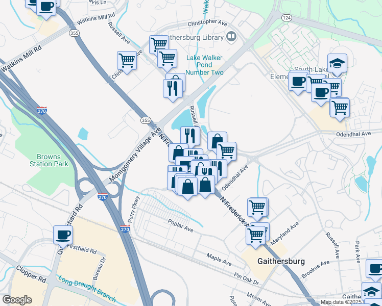 map of restaurants, bars, coffee shops, grocery stores, and more near 501 North Frederick Avenue in Gaithersburg