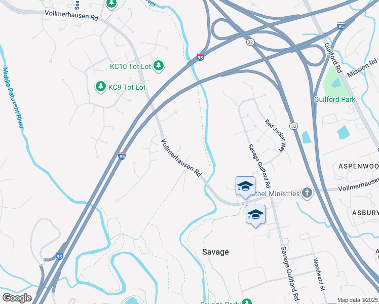map of restaurants, bars, coffee shops, grocery stores, and more near 9310 Vollmerhausen Road in Savage