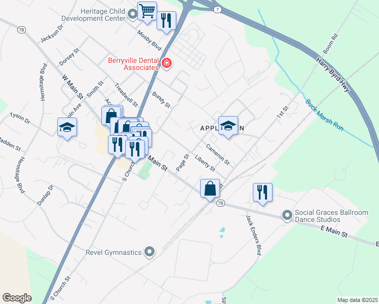 map of restaurants, bars, coffee shops, grocery stores, and more near 110 Liberty St in Berryville