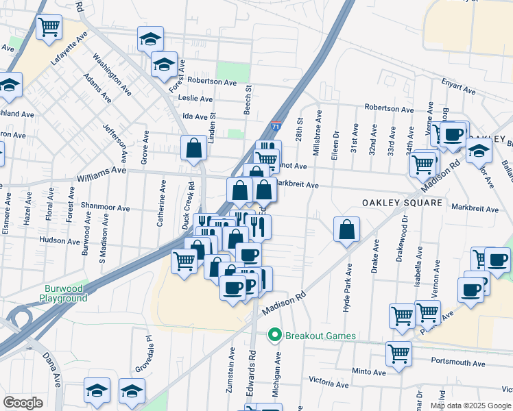 map of restaurants, bars, coffee shops, grocery stores, and more near 4027 Edwards Road in Cincinnati
