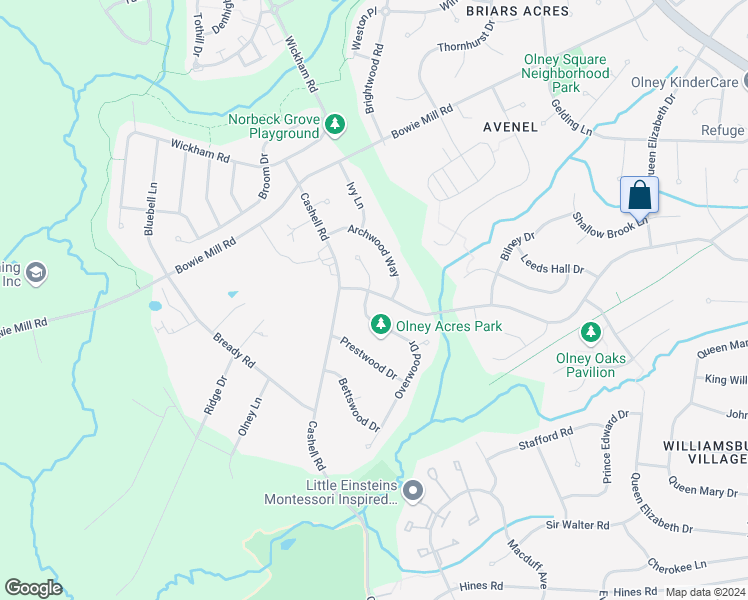 map of restaurants, bars, coffee shops, grocery stores, and more near 4608 Morningwood Drive in Olney