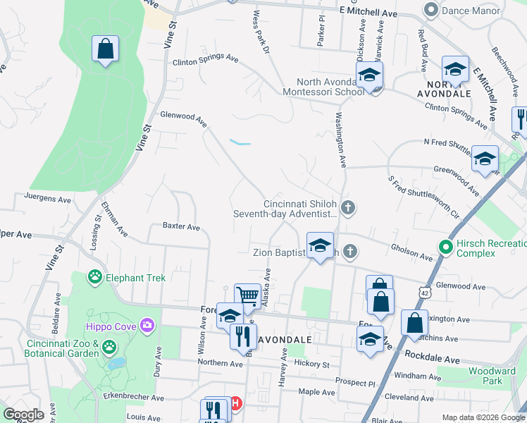 map of restaurants, bars, coffee shops, grocery stores, and more near 421 Glenwood Avenue in Cincinnati