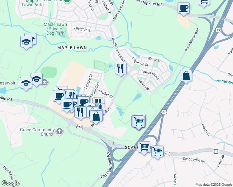 map of restaurants, bars, coffee shops, grocery stores, and more near 8130 Maple Lawn Boulevard in Fulton
