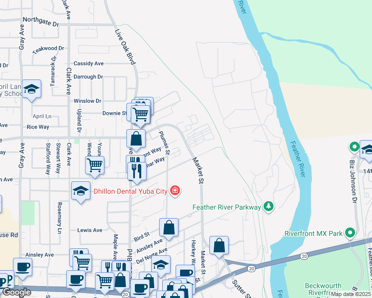 map of restaurants, bars, coffee shops, grocery stores, and more near 350 Alemar Way in Yuba City