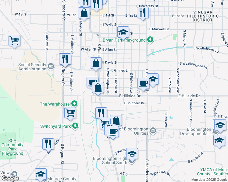 map of restaurants, bars, coffee shops, grocery stores, and more near 1407 South Washington Street in Bloomington