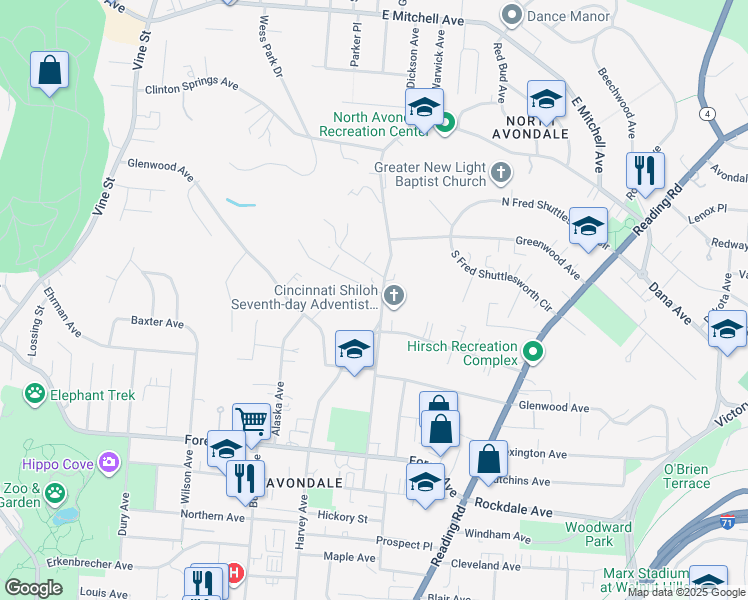 map of restaurants, bars, coffee shops, grocery stores, and more near 549 Camden Avenue in Cincinnati