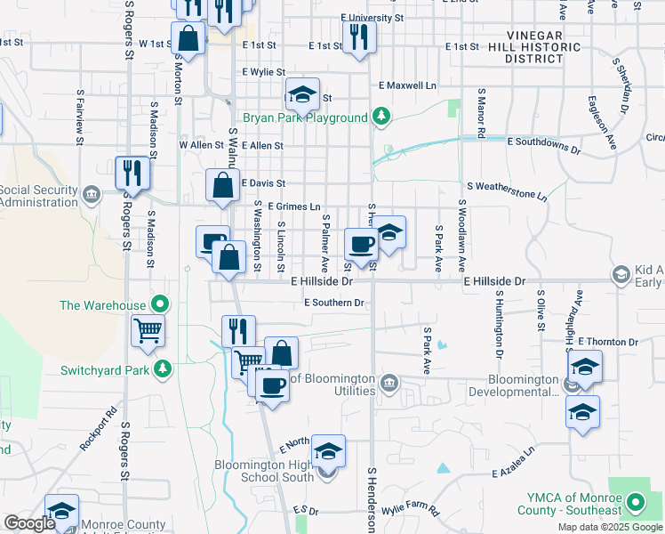 map of restaurants, bars, coffee shops, grocery stores, and more near 1321 South Palmer Avenue in Bloomington