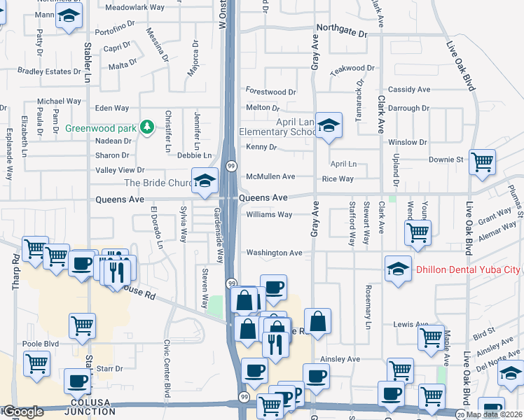 map of restaurants, bars, coffee shops, grocery stores, and more near 1255 Williams Way in Yuba City