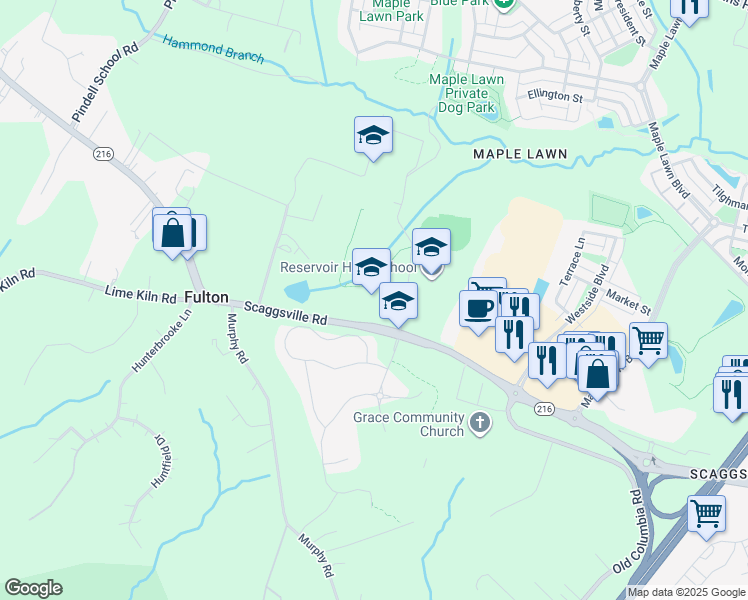 map of restaurants, bars, coffee shops, grocery stores, and more near 11600 Scaggsville Road in Fulton