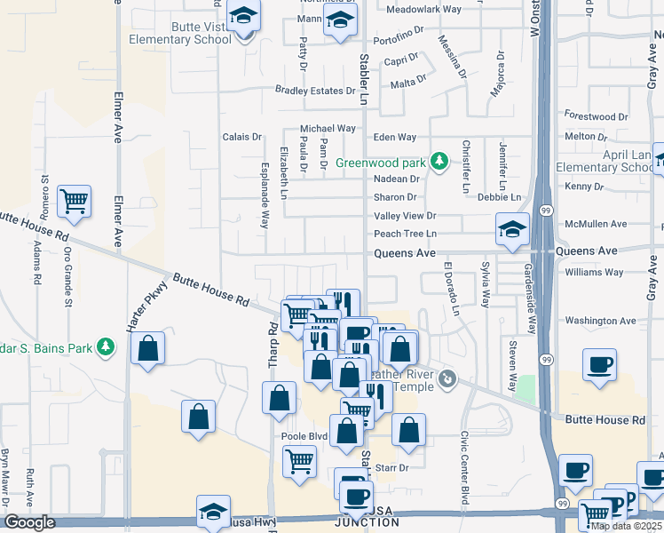 map of restaurants, bars, coffee shops, grocery stores, and more near 1501 La Cresenta Court in Yuba City