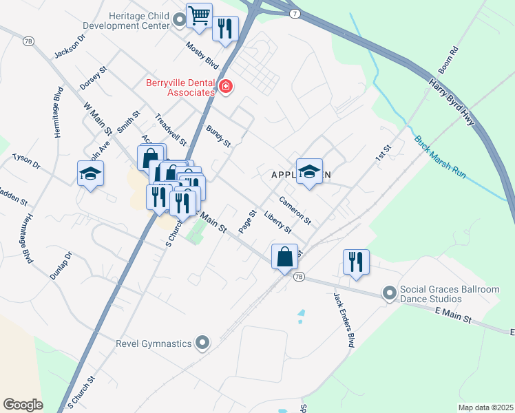 map of restaurants, bars, coffee shops, grocery stores, and more near 104 Liberty Street in Berryville