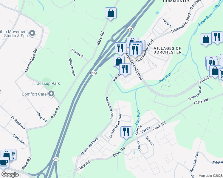 map of restaurants, bars, coffee shops, grocery stores, and more near 2114 Split Creek Lane in Severn