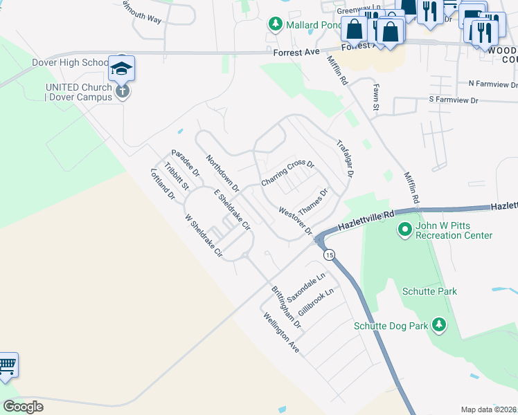 map of restaurants, bars, coffee shops, grocery stores, and more near 259 Northdown Drive in Dover