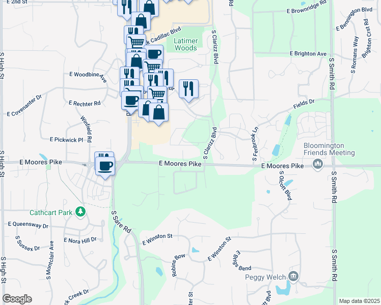 map of restaurants, bars, coffee shops, grocery stores, and more near 3211 East Moores Pike in Bloomington