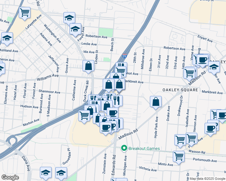 map of restaurants, bars, coffee shops, grocery stores, and more near 4027 Edwards Road in Cincinnati