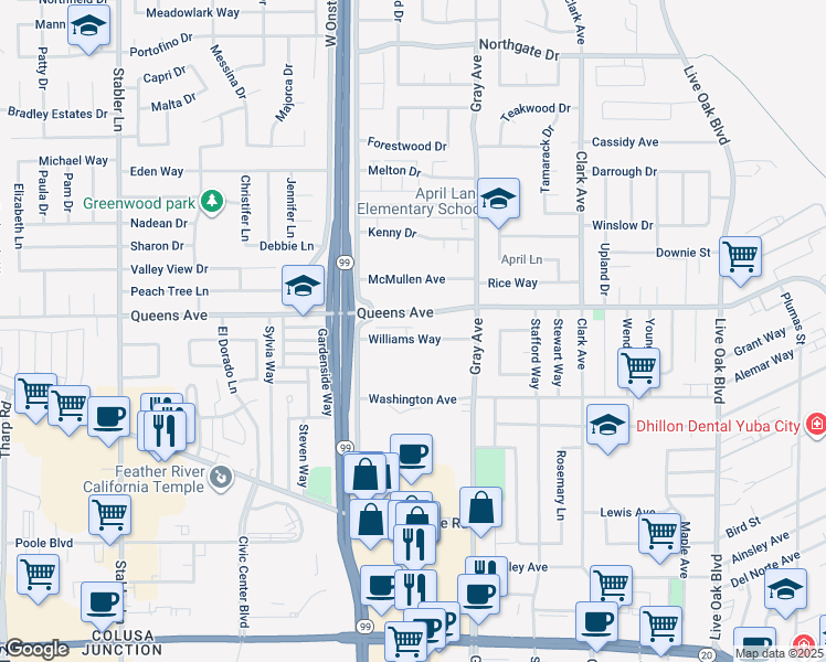 map of restaurants, bars, coffee shops, grocery stores, and more near 1180 Queens Avenue in Yuba City