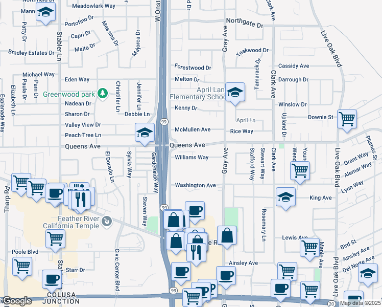 map of restaurants, bars, coffee shops, grocery stores, and more near 1258 Queens Avenue in Yuba City