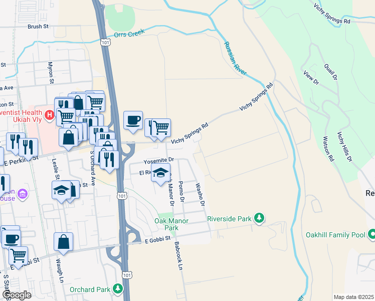 map of restaurants, bars, coffee shops, grocery stores, and more near 170 Oak Manor Court in Ukiah