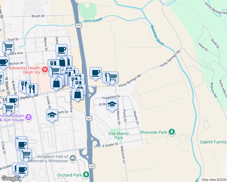 map of restaurants, bars, coffee shops, grocery stores, and more near 711 East Perkins Street in Ukiah