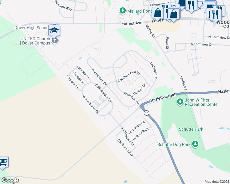 map of restaurants, bars, coffee shops, grocery stores, and more near 259 Northdown Drive in Dover