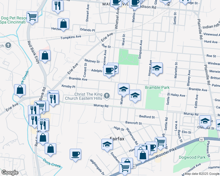 map of restaurants, bars, coffee shops, grocery stores, and more near 5831 Bramble Avenue in Cincinnati