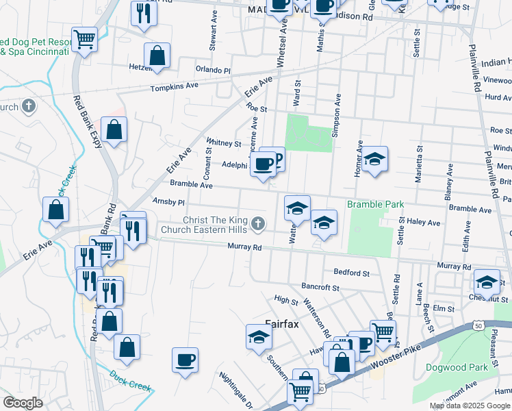 map of restaurants, bars, coffee shops, grocery stores, and more near 5831 Bramble Avenue in Cincinnati