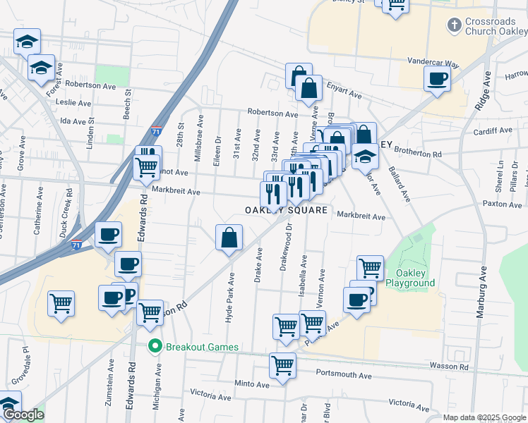 map of restaurants, bars, coffee shops, grocery stores, and more near 2893 Markbreit Avenue in Cincinnati