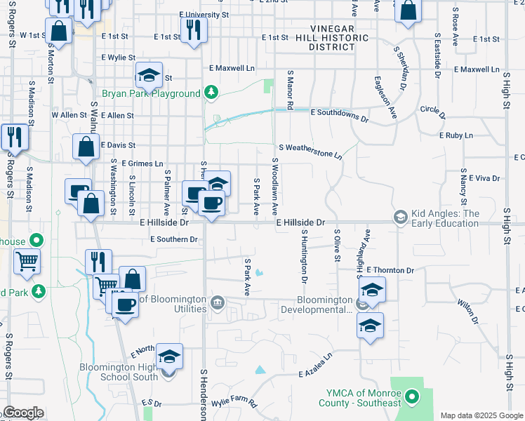 map of restaurants, bars, coffee shops, grocery stores, and more near 901 East Wilson Street in Bloomington