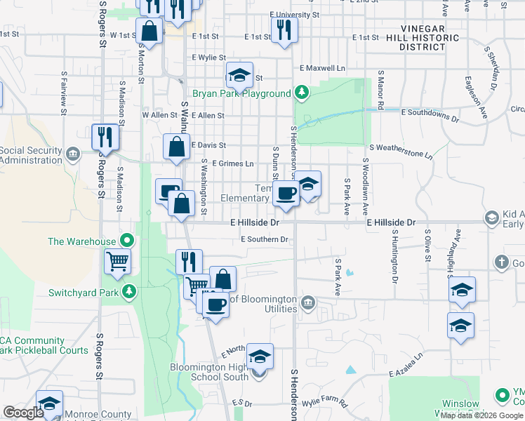 map of restaurants, bars, coffee shops, grocery stores, and more near 1321 South Palmer Avenue in Bloomington