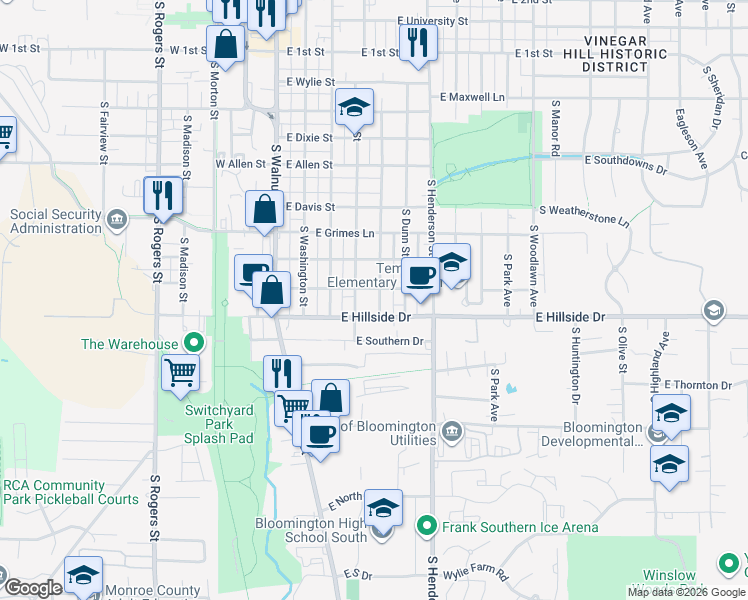 map of restaurants, bars, coffee shops, grocery stores, and more near 1321 South Palmer Avenue in Bloomington