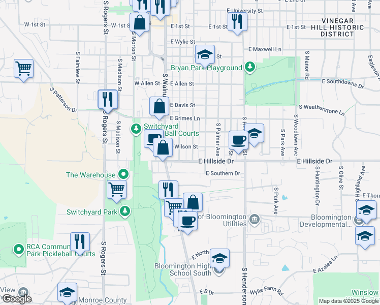 map of restaurants, bars, coffee shops, grocery stores, and more near 1407 South Washington Street in Bloomington