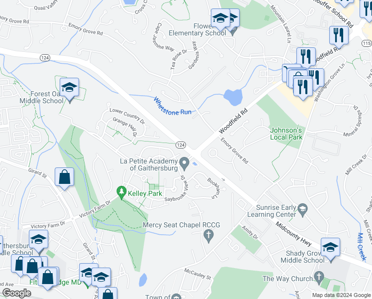 map of restaurants, bars, coffee shops, grocery stores, and more near Midcounty Highway in Gaithersburg