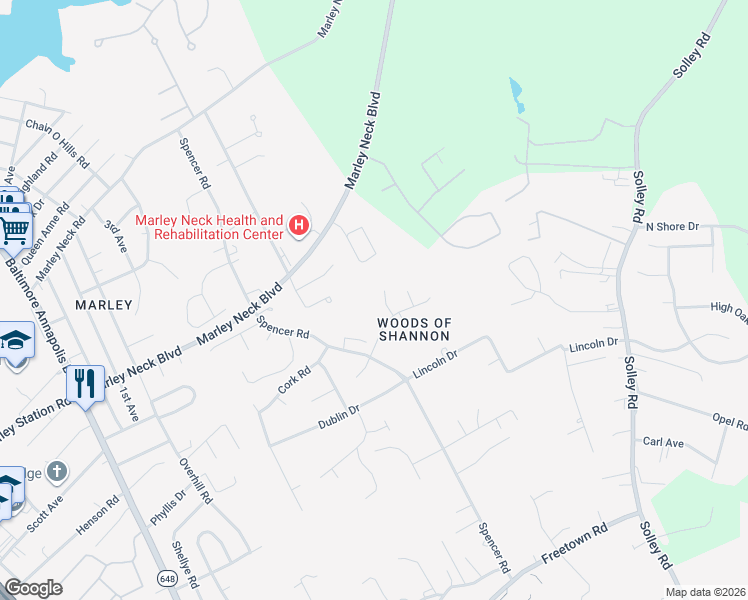map of restaurants, bars, coffee shops, grocery stores, and more near 7730 Donegal Bay Drive in Glen Burnie