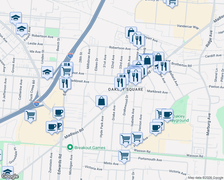 map of restaurants, bars, coffee shops, grocery stores, and more near 2893 Markbreit Avenue in Cincinnati