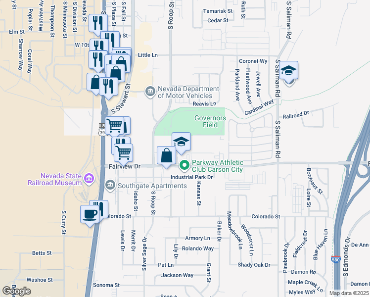 map of restaurants, bars, coffee shops, grocery stores, and more near 580 Mallory Way in Carson City
