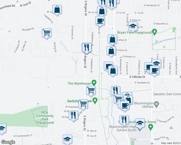 map of restaurants, bars, coffee shops, grocery stores, and more near 1416 South Madison Street in Bloomington