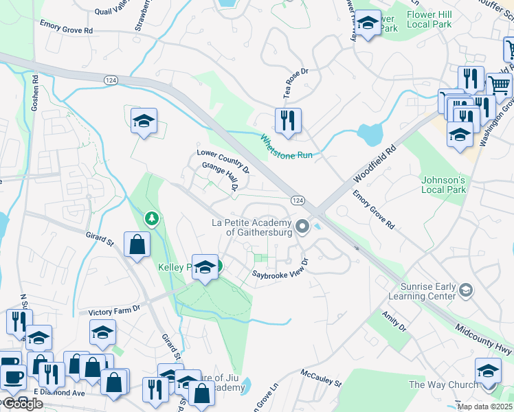 map of restaurants, bars, coffee shops, grocery stores, and more near 208 Bristol Downs Drive in Gaithersburg