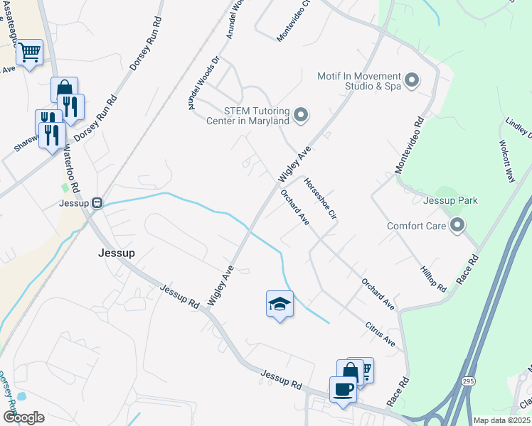 map of restaurants, bars, coffee shops, grocery stores, and more near 7517 Wigley Avenue in Jessup