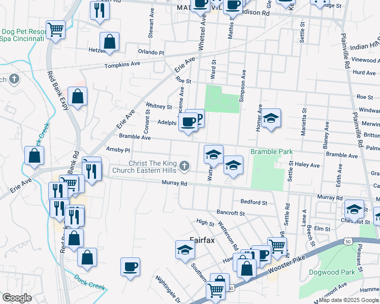 map of restaurants, bars, coffee shops, grocery stores, and more near 5831 Bramble Avenue in Cincinnati