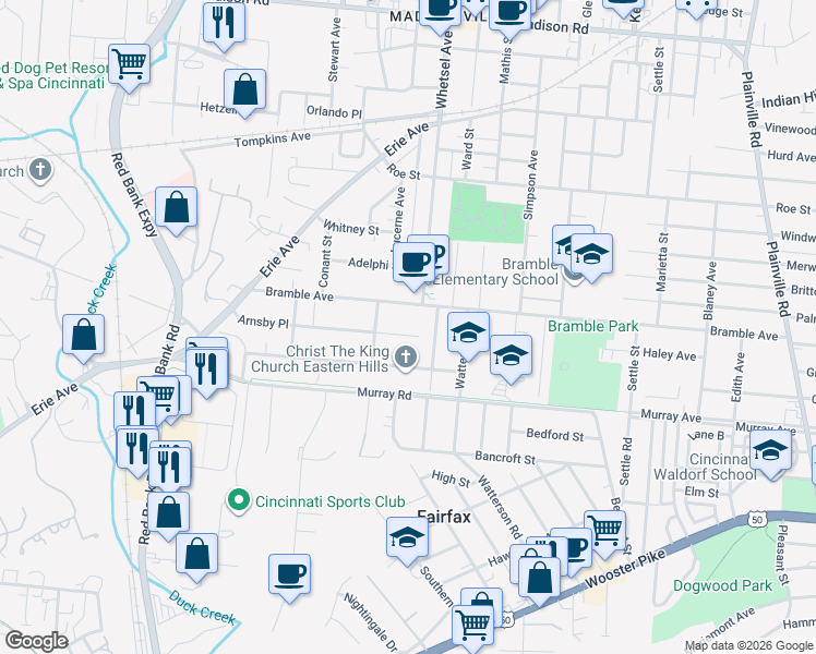 map of restaurants, bars, coffee shops, grocery stores, and more near 5831 Bramble Avenue in Cincinnati