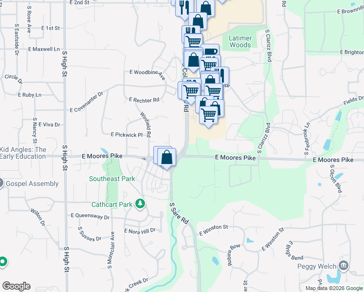 map of restaurants, bars, coffee shops, grocery stores, and more near 1372 South College Mall Road in Bloomington