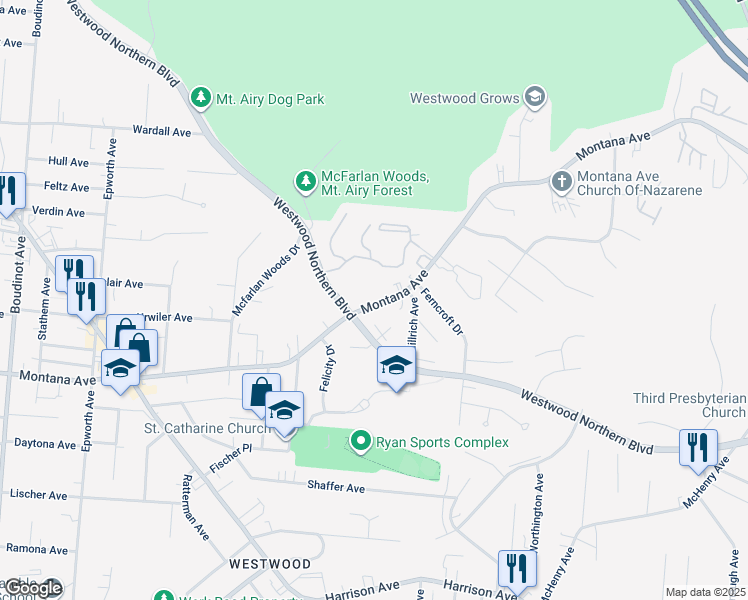 map of restaurants, bars, coffee shops, grocery stores, and more near 2738 Montana Avenue in Cincinnati