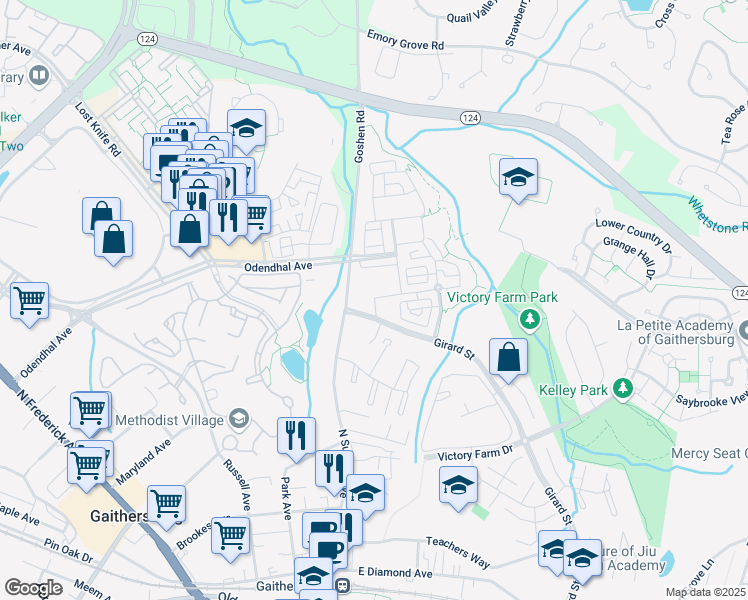 map of restaurants, bars, coffee shops, grocery stores, and more near 438 Allied Place in Gaithersburg